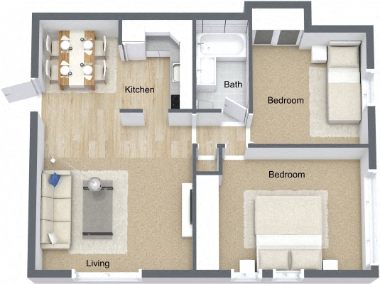 Floor plan for 2 beds, 1 bath, 750 sqft